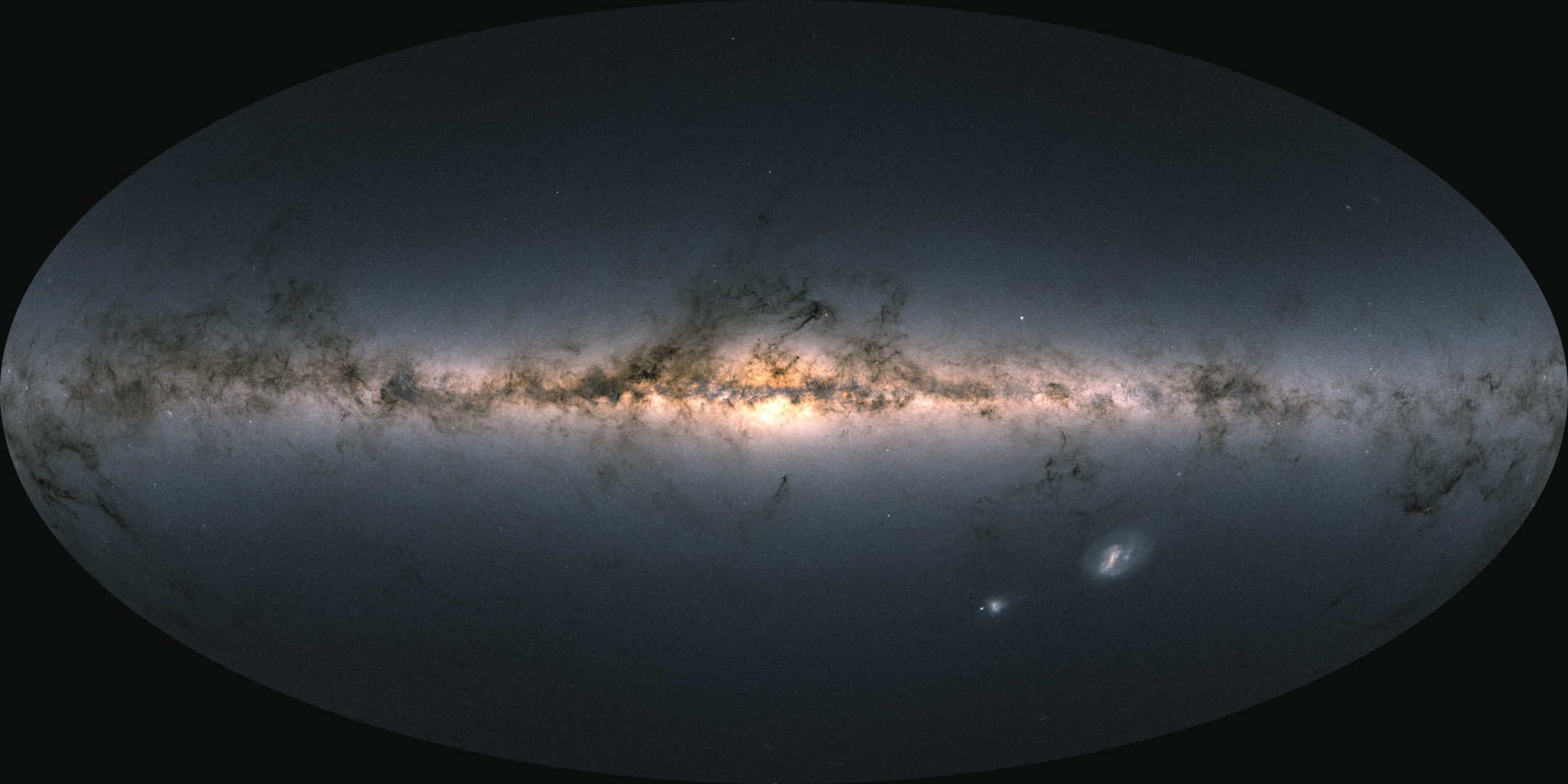 An oval view of the full night sky from earth, with a bright central strip of the milky way and dark webs of gas cloud across it.