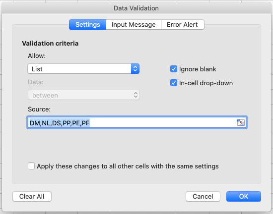 Image of Data Validation window for validating list values
