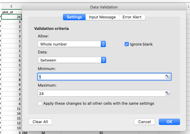 Image of Data Validation window for validating numeric values